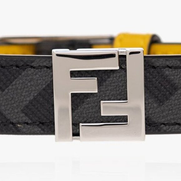 FENDI 'FF Metal Logo Reversible Bracelet' Men's Canvas & Leather M Gry/Ylw NWT! - Picture 3 of 16